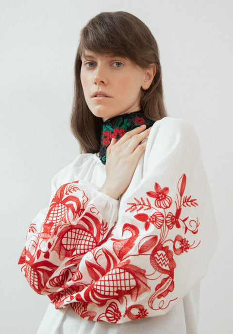 Blouse inspired by a traditional shirt with designer embroidery (red ornament)