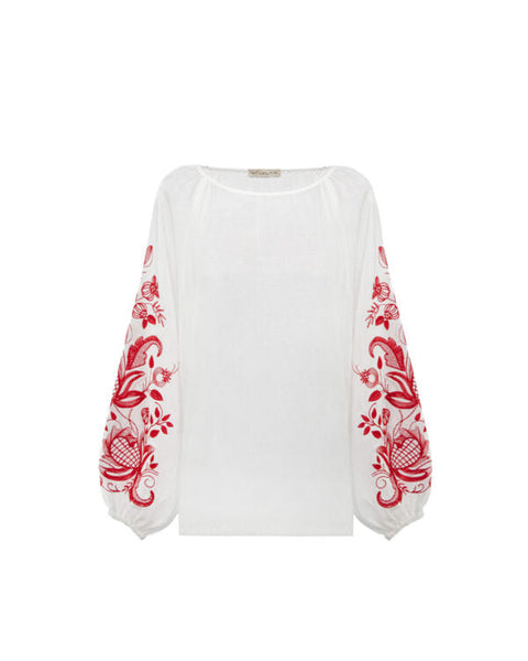 Blouse inspired by a traditional shirt with designer embroidery (red ornament)