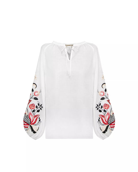 Blouse based on the motifs of a traditional shirt with designer embroidery (colorful ornament)